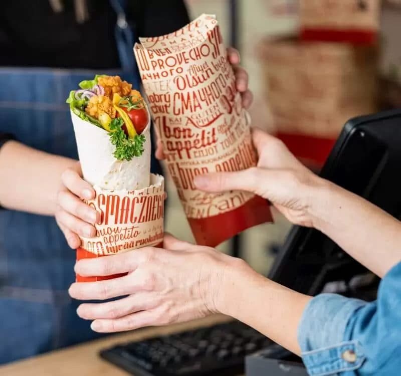 Two wraps served in printed packaging